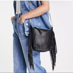 All Saints Black Leather Fringe Shoulder Bag